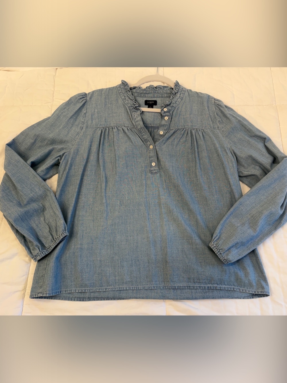 J. Crew Factory Light Blue Denim Ruffle-Neck Blouse